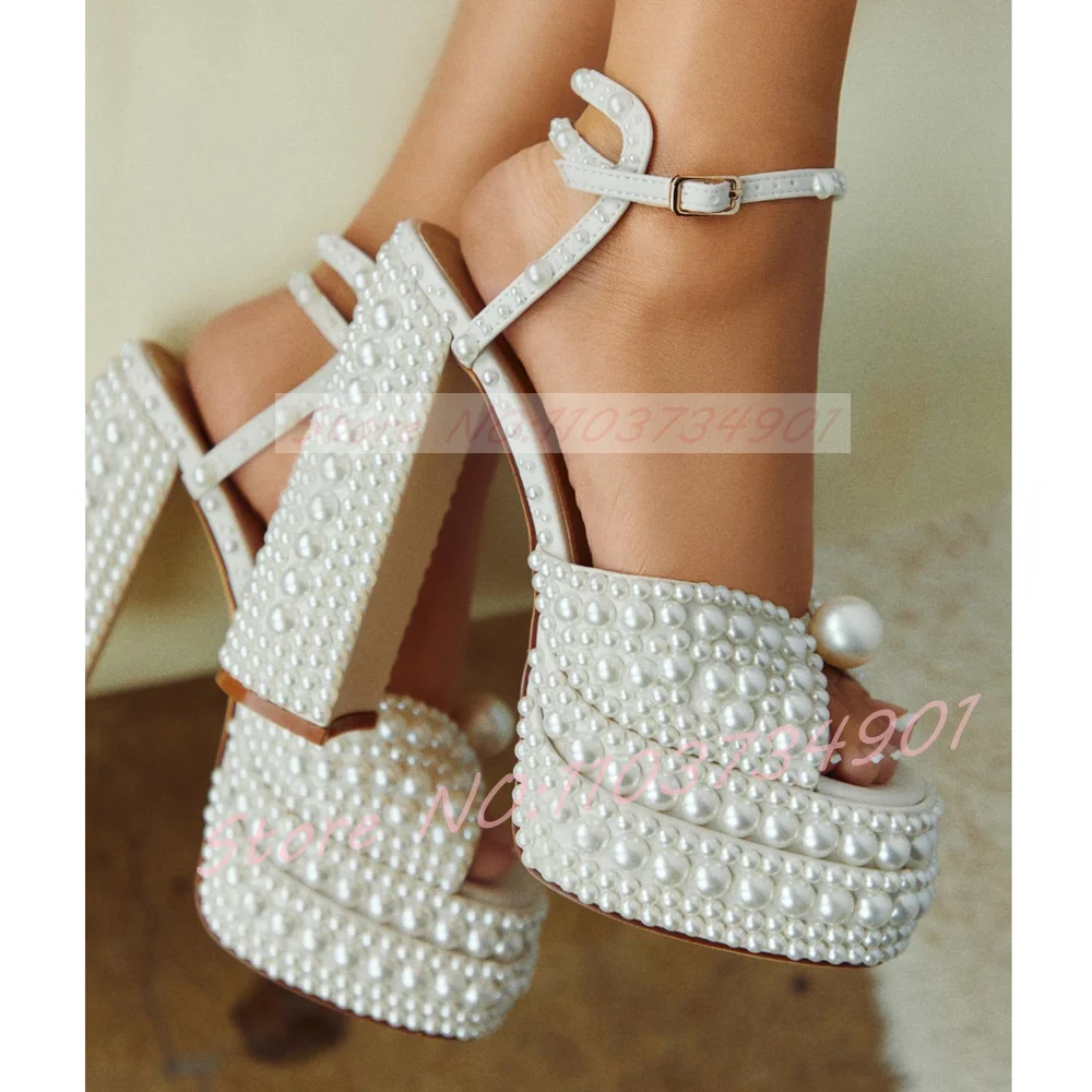Square Toe Mule - Sandal Platform Mutiara Putih Wanita dengan
