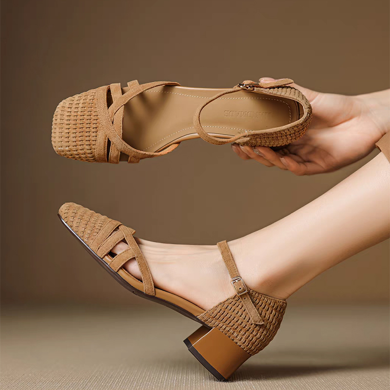 Square Toe Mule - Sandal Hak Tinggi Tenun Retro Wanita