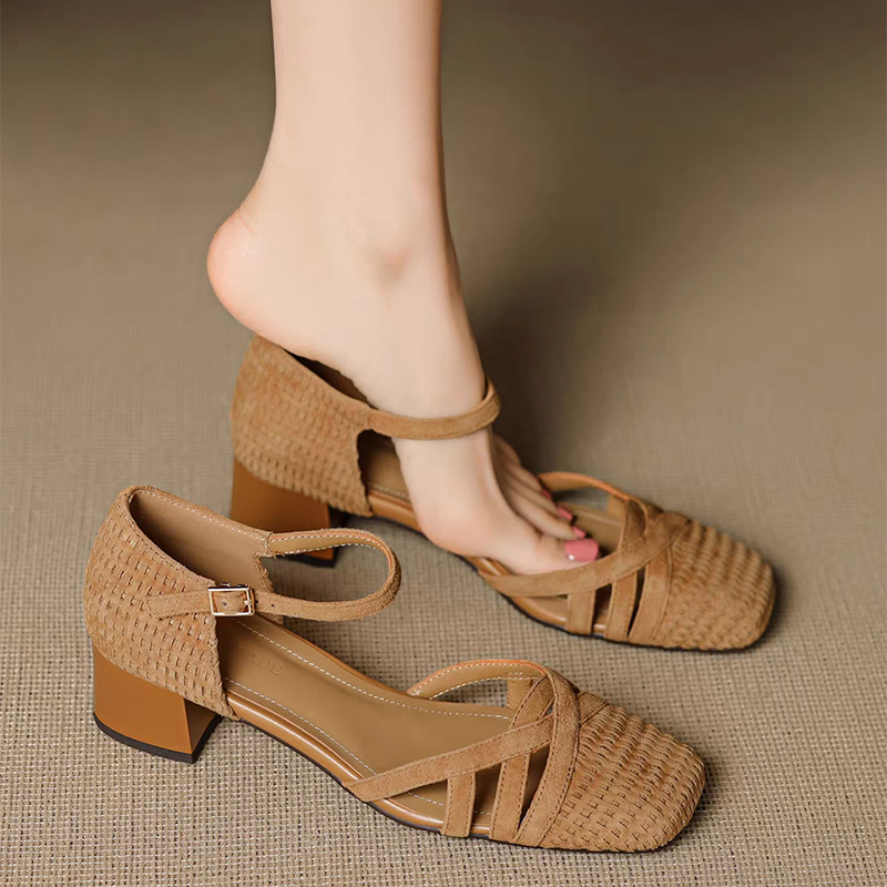 Sandal Hak Tinggi Tenun Retro  - Square Toe Mule ulasan dan harga