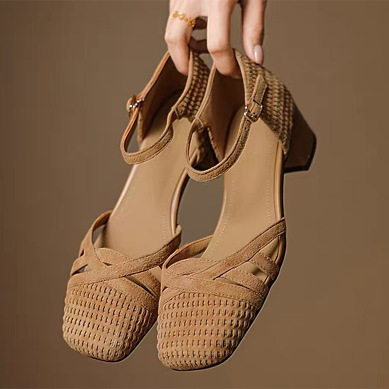 Sandal Hak Tinggi Tenun Retro  - Square Toe Mule ulasan dan harga